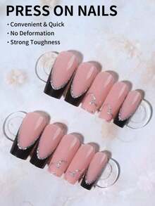 24Pcs Medium Square French Tip Press On Nails Medium Heart Pattern With Glitter Fit Perfectly Acrylic False Nails Set,Contain 1Pc Jelly Glue And 1Pc Nail File,Easy To Wear Acrylic Fake Nails Art French Tip Nail For Woman Girl Daily Work Festivals Party Use Nail Supplies Nails - 黑色 - 查看 3