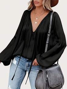 Elegant Women's Shirt, Loose V-Neck Faux Silk Satin Shirt, Balloon Sleeves And Ruched - 黑色 - 查看 16