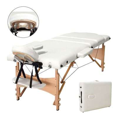 Vesgantti Portable Massage Bed Table - 3-Section Foldable Beauty Couch For Reiki Therapy Treatment Salon Healing - Metal Headrest Support/Carry Bag (Beige White)