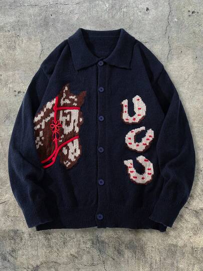 Men's Casual Loose Streetwear Cute Polo Collar Button Cardigan Long Sleeve Knitted Sweater, Autumn/Winter