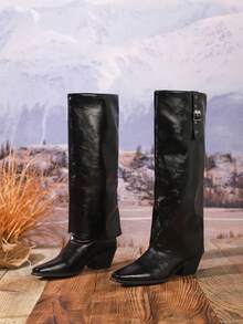 Women's Fashion Over-The-Knee Boots, Black Slip-On Elastic Casual Tall Boots For Commuting, Square Toe Chunky Heel Pants Boots, Comfortable Winter Boots, Decorated With Metal Buckle And Western-Style Embroidery, Suitable For Holidays - Black - View 6