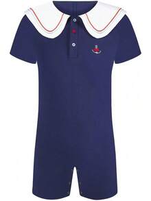 Men's Cotton  Sailor Collar Bodysuit Short Sleeve Print Romper Pajama - Captainhalloween - 藏蓝色 - 查看 11