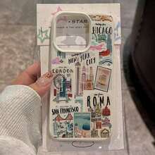 Travel 1pc TPU Material Vintage City Building Pattern Phone Case Compatible With IPhone Waterproof Shockproof Anti-Fall Scratch Resistant - trắng - Xem 3