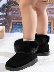 1双女童冬季雪地靴，保暖升级款踝靴，带毛领和搭扣，短款女童雪地靴，冬季毛绒内里保暖雪地靴 - 黑色 - 查看 3