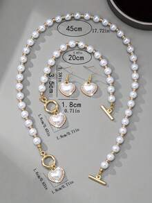 4pcs/Set Luxury Vintage Faux Pearl & Rhinestone Heart Bracelet, Necklace, Earrings Jewelry Set, Suitable For Men And Women, Exquisite Gift