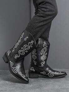 Botas vaqueras de media pantorrilla bordadas a mano para hombres, botas con relieve de nubes auspiciosas de estilo europeo y americano