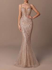 女士奢华单肩鱼尾晚礼服 - 珍珠链肩带，全亮片和珠饰 - 非常适合婚礼、晚会、红毯活动和高端派对