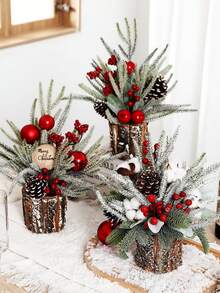 Juego de decoración navideña con barril de tronco, pequeño árbol de Navidad, adornos de sobremesa, accesorios de escena. Decoración del hogar con árbol de Navidad artificial de madera con corteza de PE simulada, pequeño árbol de Navidad de sobremesa con decoraciones festivas como bayas rojas, piñas y decoraciones navideñas para el hogar, la chimenea y la decoración de interiores de invierno.