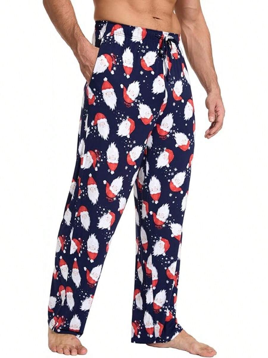 Mens Pajama Pants - Viscose Made From Bamboo, Soft Sleep Pants Comfy Drawstring Lounge Bottom With Pockets Sweatpantshalloween - Santa Claus Navy - View 1