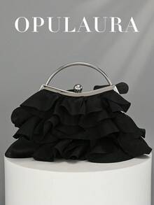 OpulAura 女士优雅迷人花瓣宴会手拿包，荷叶边设计正式晚宴包，适合婚礼/度假/正式派对/晚会，配有链条肩带，花瓣形状随机 - 黑色 - 查看 2