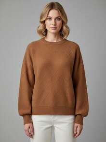 Women's Solid Color Casual Knit Ribbed Sweater, Autumn/Winter - Brown - View 7