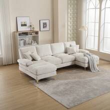 Large U-Shape Chenille Sectional Sofa: Modern Modular Living Room Set With Dual Recliners & Chaise Lounges, Emerald Green - Beige + Chenille + 4 Seat + Foam - View 6