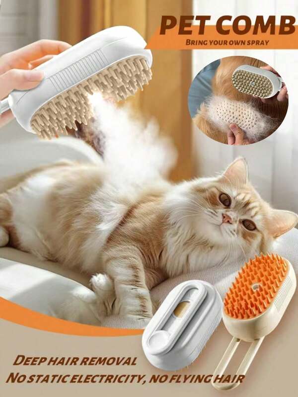 3 In 1 Pet Steam Brush; Pet Steam Mist Brush; Pet Steam Brush; Pet Hair 3-In-1 Steam Cat Brush; Comb; Cat Brush To Remove Flying Hair; Steam Advanced Pet Steam Dehairing Brush; Comb