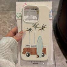 Funda de TPU con patrón de tabla de surf y palmeras para vacaciones, adecuada para iPhone17/iPhone17 Air/iPhone17 Pro/iPhone17 Pro Max/16 Pro Max/15 Pro Max/14 Pro Max/13 Pro Max/12 Pro Max, diseño elegante y resistente a golpes - Blanco - Ver 1
