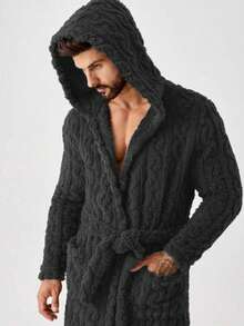 1件男士纹理口袋腰带连帽浴袍休闲款