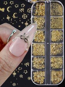 1 Box funkelnde goldene Stern Schleifen, Cut Out herzförmige Nieten Nail Art Accessoires, 3D Schneeflocke Stern Blume Mond Legierung Metall Nagel Zubehör, Maniküre Dekorationen, Nail Art Schmuck, Edelsteine