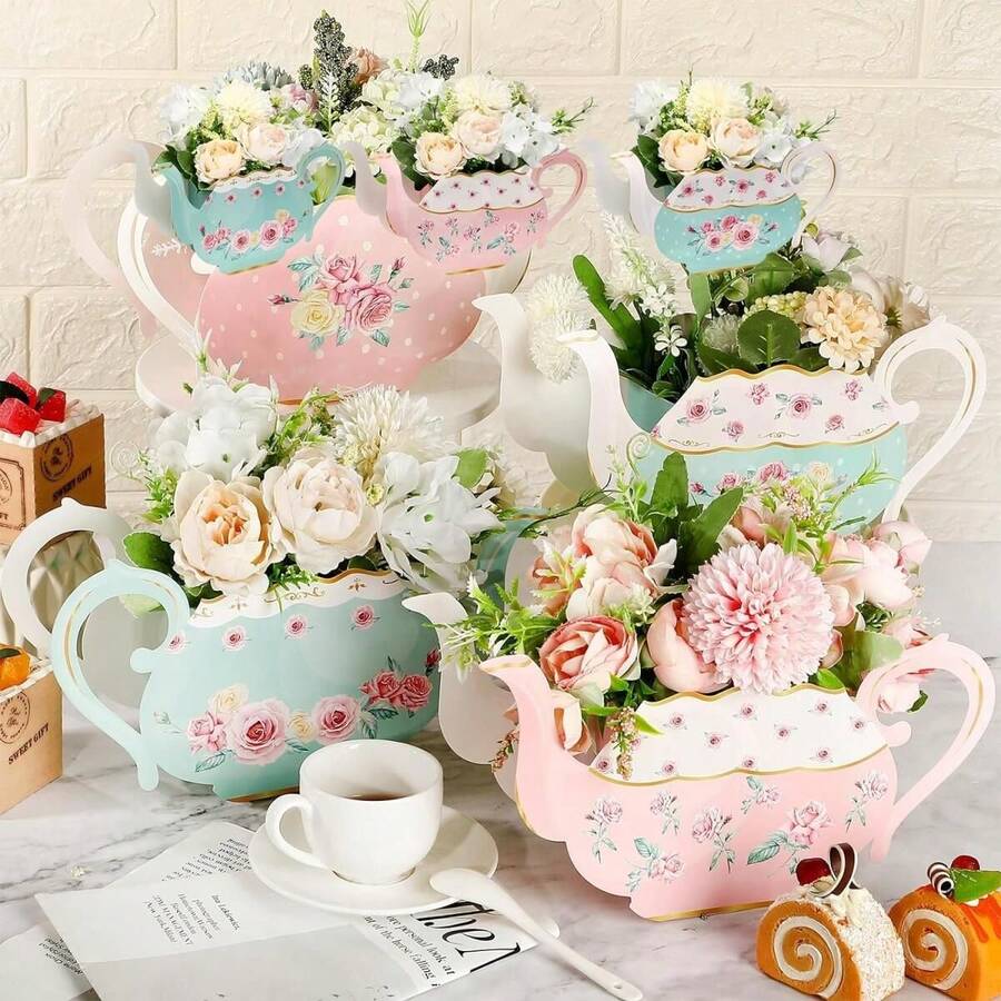 24 Pieces Tea Party Decorations Flower Boxes Spring Theme Princess Party Centerpiece Decorations 4 Style Cute Teapot Shape DIY Flower Box For Birthday Mother's Day Wedding Shower Party Table Decor - 彩色 - 查看 1