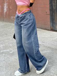 Women's Light Blue Washed Baggy Wide Leg Versatile Jeans, Minimalist Basic Style Spring Wardrobe Essential - Light Wash - View 4