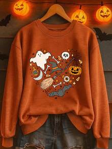 Ropa de mujer para otoño e invierno, sudadera de cuello redondo con estampado de sombrero mágico de cabeza de calabaza y letra, top casual y suelto multifuncional para festivales, adecuado para uso diario, ropa de mujer de otoño, moda de otoño e invierno.