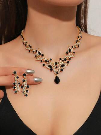 3件套经典黑色全镶钻水滴项链耳环首饰套装，女士派对、约会、黑色连衣裙配饰，适合万圣节、圣诞节、宴会；镀金树叶项链耳环首饰套装，情人节礼物