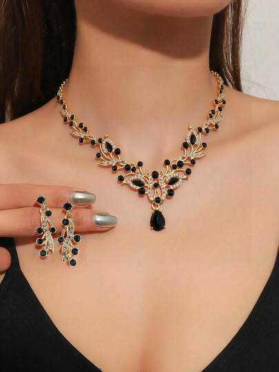 3 件套经典黑色全水钻泪珠项链和耳环首饰套装，女士派对、约会、黑色礼服配饰，适合万圣节、圣诞节、宴会；镀金叶子项链和耳环首饰套装，情人节礼物
