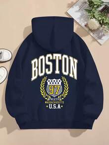 Damen-Sweatshirt mit Boston-USA-Textprint, Herbst/Winter, warm gefüttert, langärmelig, weich und bequem, ideal für kaltes Wetter, im Y2K-Stil, perfekt für Valentinstag, Karneval, Partys, Strand, Hochzeiten, Fitnessstudio, elegante Anlässe und Urlaub, Drop-Shoulder - marineblau - Übersicht 2
