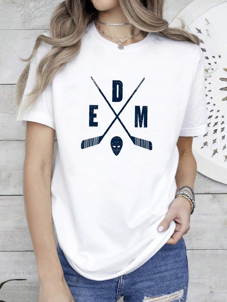 180g pure Cotton Edm Edmonton Retro Hockey Orange T Shirt T-Shirt For Women Casual designer clothes Summer Unisex Casual Print Round Neck Short Sleeve Breathable graphic fashion streetwear Slightly Top For Everyday Wear Versatile Stretched Comfortable female Soft - Blanco - Ver 1