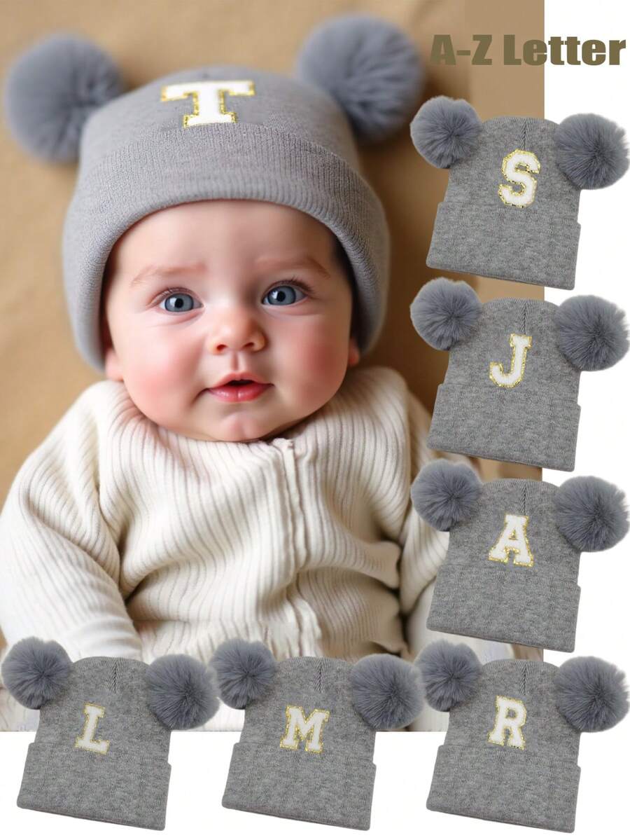 1Pc A-Z Letter Knit Newborn Baby Hat Kids Beanie Cap For Boys Girls Infant Accessories Children Hats Elastic 0-3Y Toddler Girl Boy Hat Birthday Gift For Winter Spring - Grey - View 1