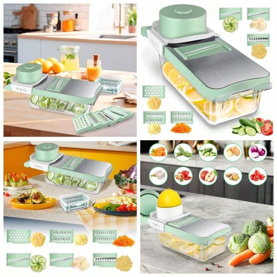 Picadora de Verduras, Cortador de Verduras Multifuncional 6 en 1 con 6 Cuchillas Acero Inoxidable - Mandolina para Cocina con Contenedor, para Frutas y Ensaladas - Azul cian - Ver 1