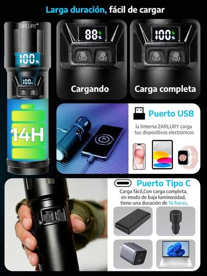 ZARLURY Linterna Recargable de Alta Potencia Táctica Militar USB, Súper Brillante 10000 Lúmenes, Lámpara LED con Tecnología Innovadora en la Cola para Emergencias, Camping, Exteriores y Aventuras