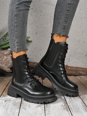 女士时尚靴子，加大码，保暖内衬，厚底系带靴，新款韩版皮革鞋面，舒适软底中筒靴