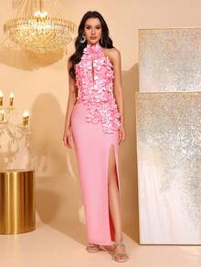 Nouvelle robe longue élégante à col montant 3D floral sexy, sans manches, dos nu, fendue haute. Robe de soirée formelle pour femmes pour mariage, fête, vacances