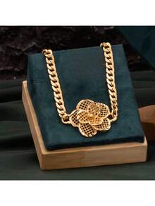 4pcs 18K Gold Plated Copper 3D Floral Necklace & Bracelet Set (Anklet Compatible), High-End Luxury Cuban Chain Jewelry, Suitable For Brides, Weddings, Parties, Holidays, Gifts For Women