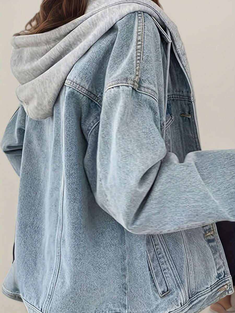 Women's Hooded Denim Jacket, Oversized Retro Denim Jacket, Elastic And Loose, Comfortable And Lightweight - L - View 1