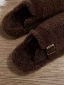 女式冬季毛绒内衬圆头一脚蹬休闲平底鞋，时尚百搭舒适软底乐福鞋 - 咖啡棕 - 查看 5