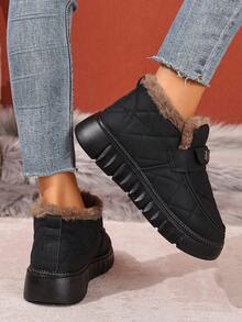 Women's Winter Snow Boots, Warm Thermal Lined Ankle Boots, Easy On/Off, Soft Sole, Durable, Non-Slip, Solid Color, Versatile - Black - View 6