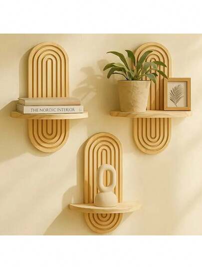 1-2 Layers Wooden Modern Arched Wall Minimalist Floationg Shelf,Geometric Floating Planter Holder, Plant Shelf, Plant Propagation Shelf, Wall Art Candle Holder,Crystal Treasure Small Objects Display Stand,Room Decor For Bedroom,Living Room,Kitchen,Nursery,Gift For Move