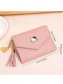 Sanrio Hello Kitty 女孩迷你钱包 - 小巧轻便的三折设计，按扣闭合，多个卡槽和流苏装饰 - 日常必备小包（黑色），可爱风格，卡包，流苏装饰