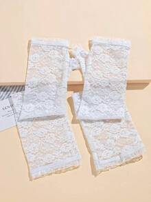 1pair White Floral Lace Gloves For Wedding Party Valentine's Day For Summer Wedding Dress Autumn Accessories 8X26 - 白色 - 查看 5