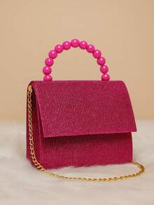 Mini Bolsa Infantil Feminina Rosa com Glitter, Alça de Pérolas e Corrente Dourada - rosa - Visão 2
