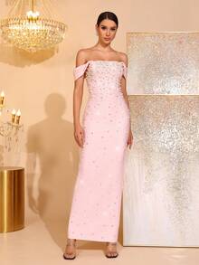 New Sexy Yellow Heavily Embellished Pearl & Rhinestone Off-Shoulder Bandage Maxi Dress, Elegant Women's Birthday Party, Wedding Guest, Formal Dinner, Christmas Party Gown - Pink - View 5