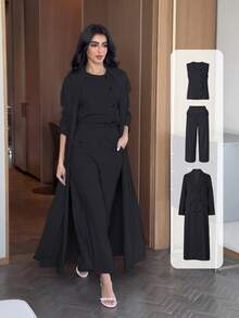 3pcs Set: 1pc Open Front Long Robe With Buttons, 1pc Sleeveless Vest, 1pc Cropped Pants, Elegant Modern Solid Color Suit, Suitable For Casual Daily/Work Wear, Autumn/Winter - Black - View 2