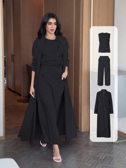 3 件套：1 件带纽扣的前开式长袍、1 件无袖背心、1 条 7/8 裤，优雅现代纯色西装，适合休闲日常/工作穿着，秋冬