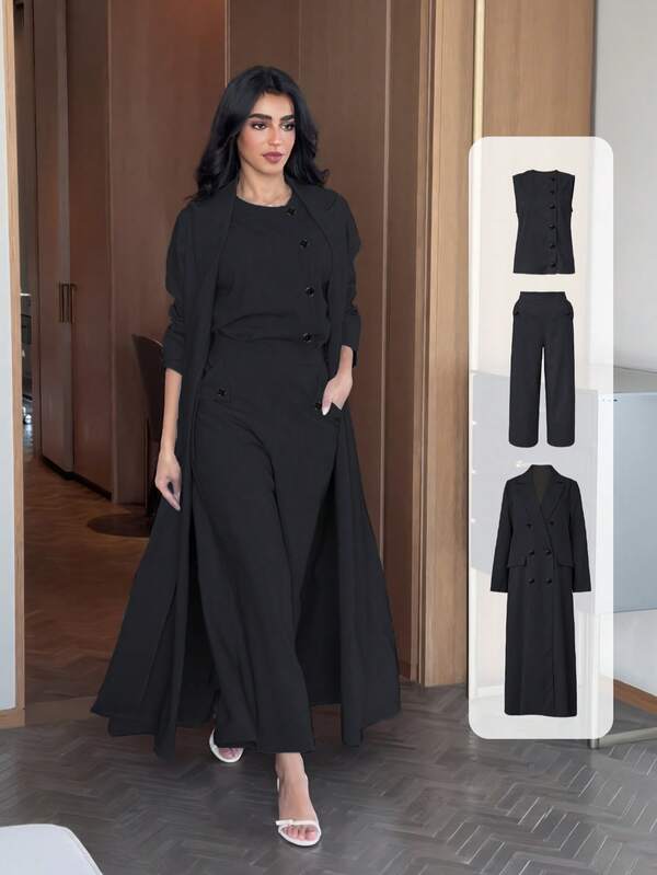 3 件套：1 件带纽扣的前开式长袍、1 件无袖背心、1 条 7/8 裤，优雅现代纯色西装，适合休闲日常/工作穿着，秋冬