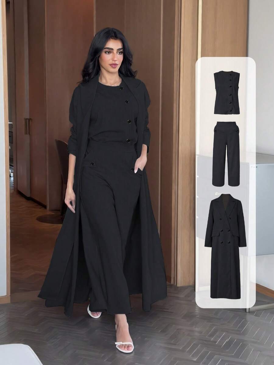 3pcs Set: 1pc Open Front Long Robe With Buttons, 1pc Sleeveless Vest, 1pc Cropped Pants, Elegant Modern Solid Color Suit, Suitable For Casual Daily/Work Wear, Autumn/Winter