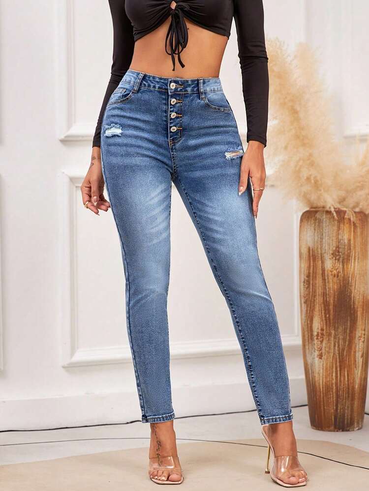 Mid-Rise Ripped Skinny Jeans - Stretch Denim With Button Fly, Classic Washed Slim Fit Distressed Pants - Light Wash - View 7