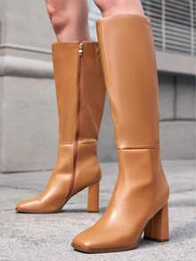 Womens Wide Calf Knee High Boots Chunky High Heel Square Toe Leather Side Zipper Shoes - Brown - View 6