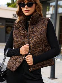 女式高领豹纹绗缝背心，带抽绳口袋，无袖前拉链背心，适合冬季穿着，百搭猎豹印花 - 豹紋 - 查看 6