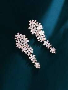 1 Pair Luxury Light Pink Cubic Zirconia Pave Flower Cluster Dangle Drop Long Earrings For Women, Wedding & Party Jewelry Accessories - Hồng - Xem 3