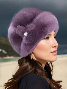 Faux Mink Fur Flower Hat, Fashionable Leather Warm Hat, Thick, Ear-Protective, Windproof, Solid Color, Washable - Suitable For Autumn/Winter Autumn Accessories